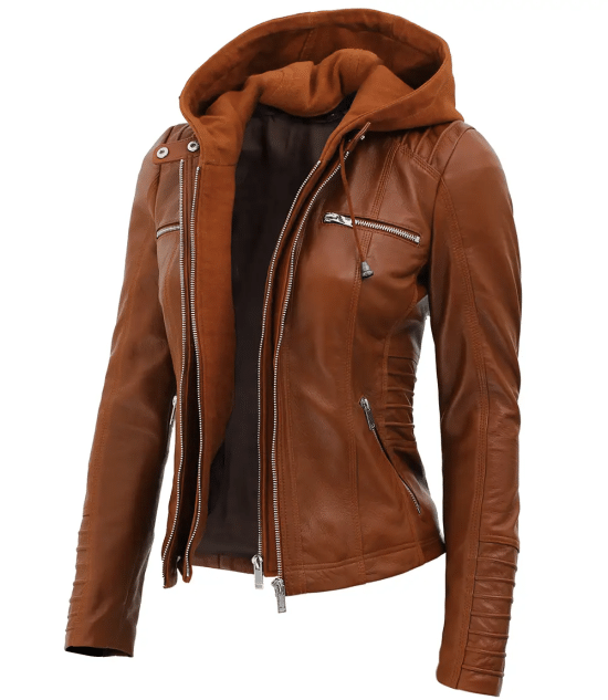 Cognac leather jacket with hood
