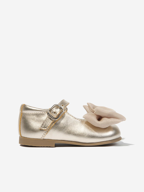 Andanines Girls Leather Bow Shoes in Gold