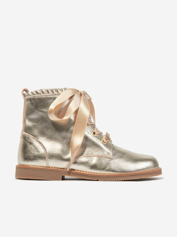 Andanines Girls Leather Lace Up Boots in Gold