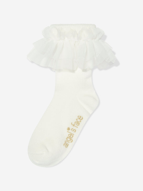 Angels Face Girls Frilly Socks in White