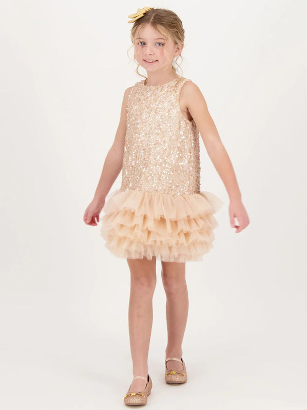 Angels Face Girls Charleston Sequin Tulle Dress in Beige