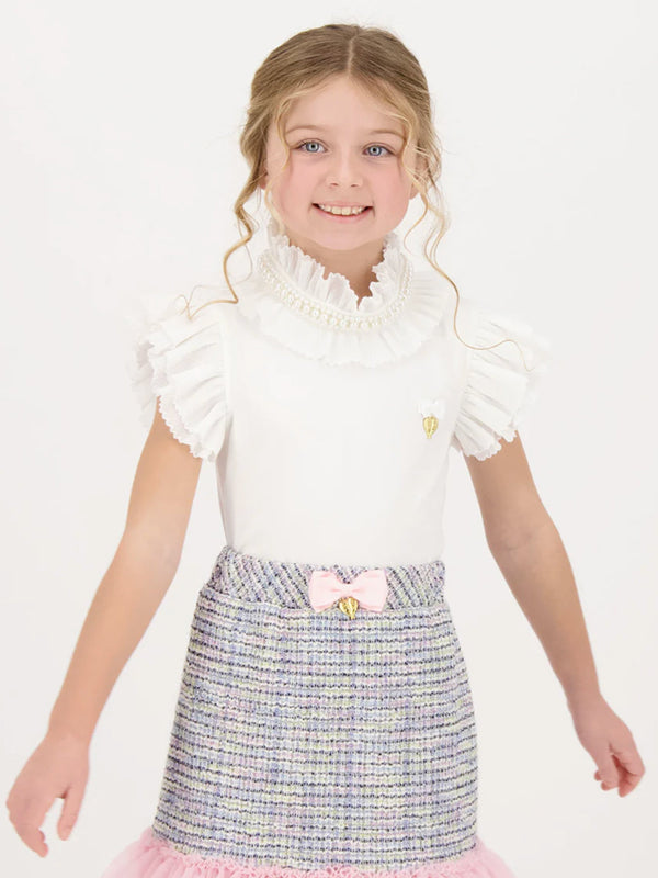 Angels Face Girls Pearlee Pleated Pearl Collar Top in White