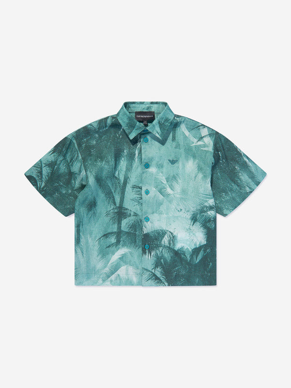 Emporio Armani Boys Short Sleeve Palm Leaf Shirt in Green