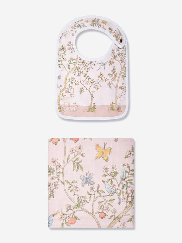 Atelier Choux Baby Girls In Bloom Swaddle And Satin Bib Gift Set in Pink