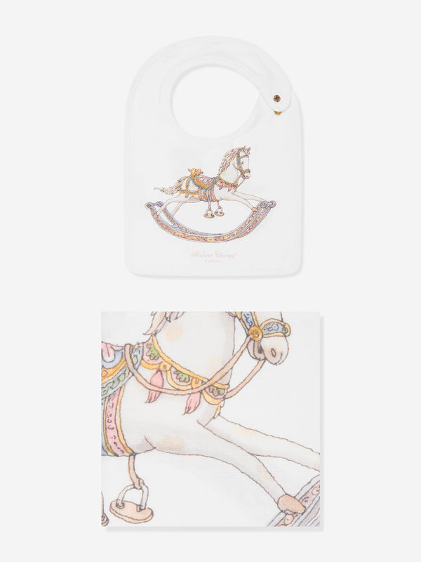 Atelier Choux Baby Rocking Horse Swaddle And Satin Bib Gift Set in White