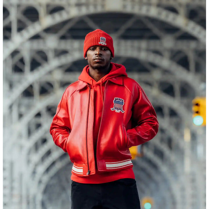 Avirex red leather bomber jacket
