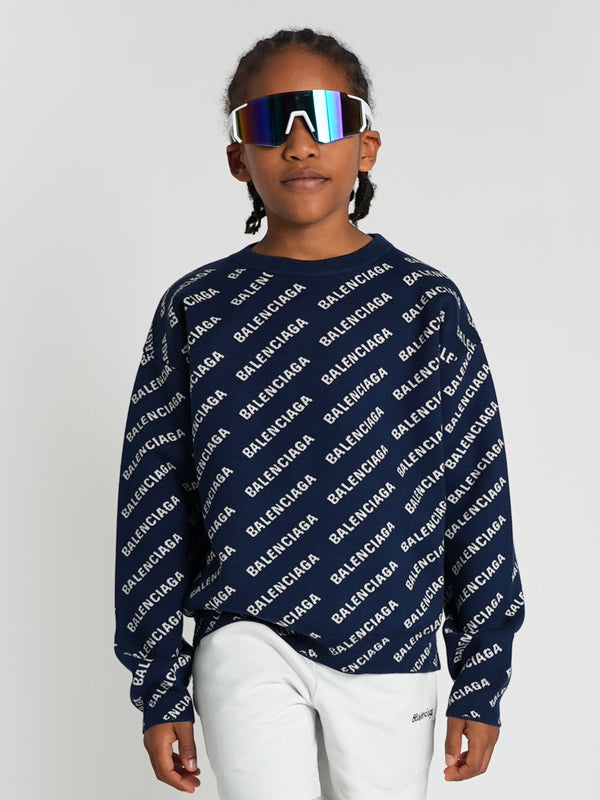 Balenciaga Kids All Over Logo Sweatshirt in Navy