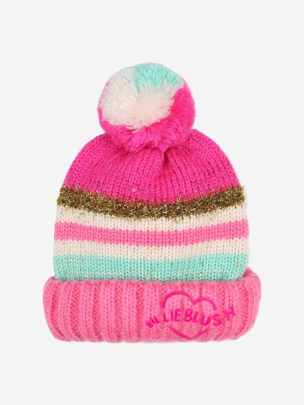 Billieblush Girls Striped Sequin Bobble Hat in Pink