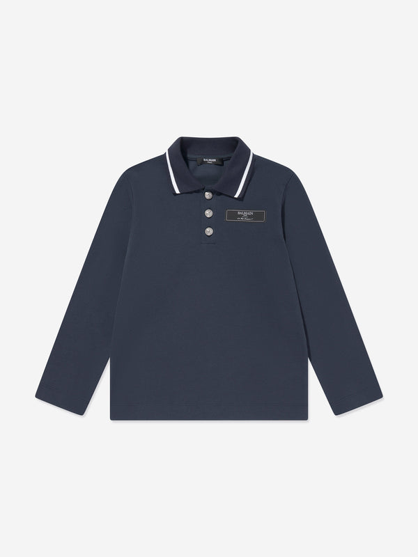 Balmain Boys Long Sleeve Polo Shirt in Navy