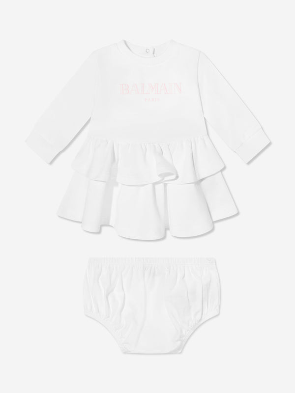 Balmain Baby Girls Logo Jersey Dress in White