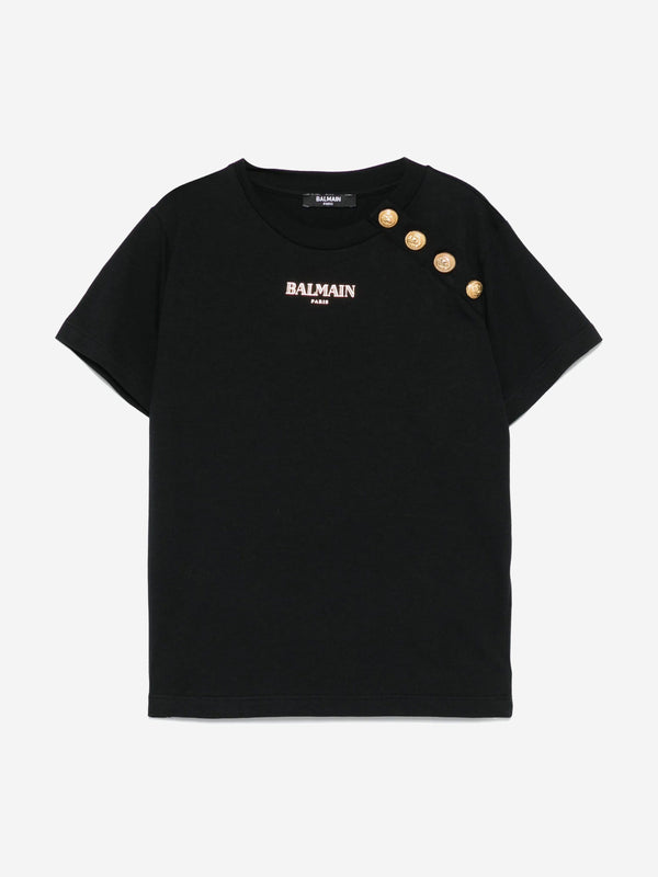 Balmain Girls Buttoned Logo T-Shirt in Black