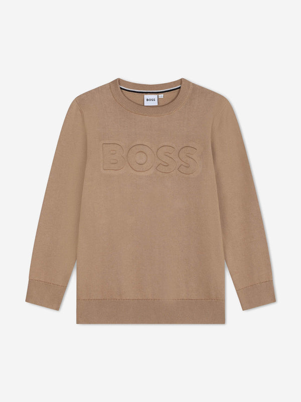 BOSS Boys Knitted Logo Jumper in Brown