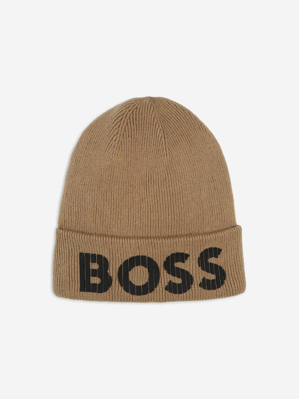 BOSS Boys Knitted Logo Beanie Hat in Brown