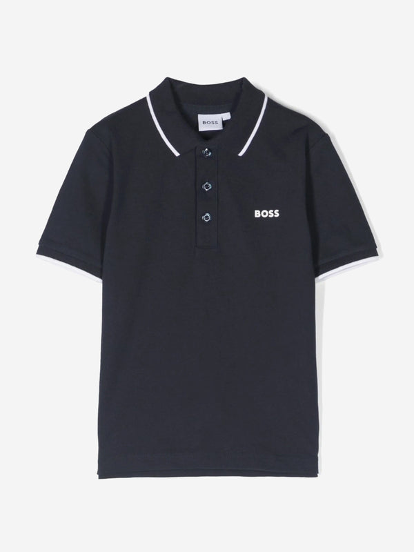 BOSS Boys Logo Print Polo Shirt in Navy