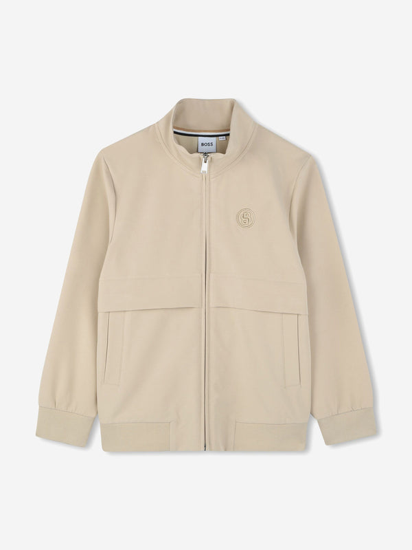 BOSS Boys Logo Zip Up Top in Beige