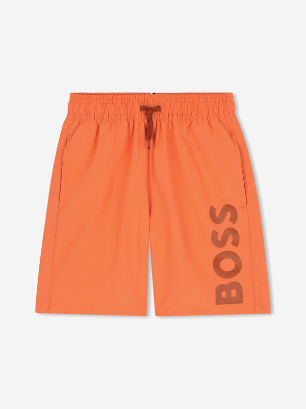 BOSS Boys Logo Print Swim Shorts in Orange