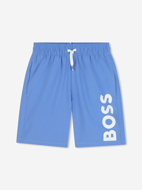 BOSS Boys Logo Print Swim Shorts in Navy