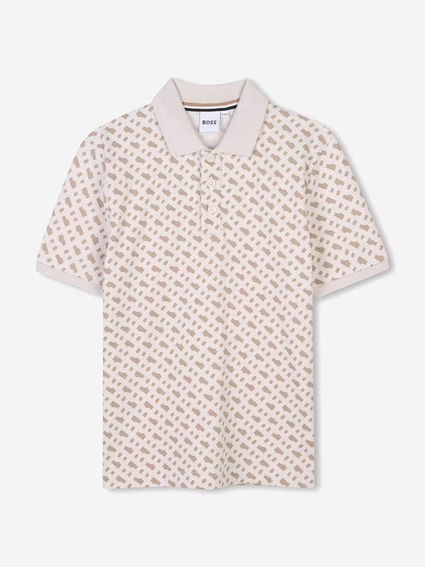 BOSS Boys Monogram Print Polo Shirt in Beige