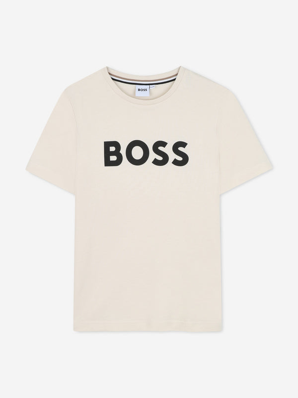 BOSS Boys Logo Print T-Shirt in Beige