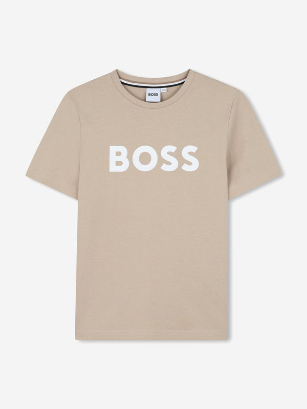 BOSS Boys Logo Print T-Shirt in Beige