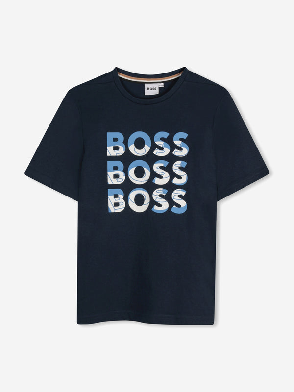 BOSS Boys Multi Logo T-Shirt in Navy