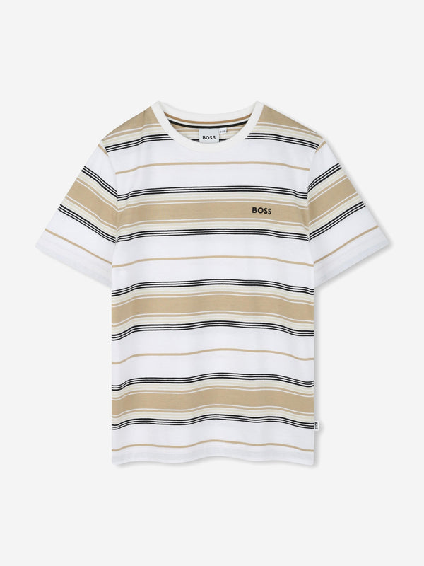 BOSS Boys Striped Logo T-Shirt in Beige