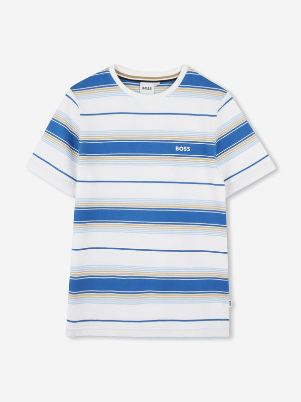 BOSS Boys Striped Logo T-Shirt in Blue