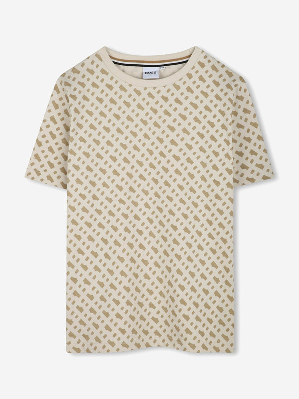 BOSS Boys Monogram Print T-Shirt in Beige