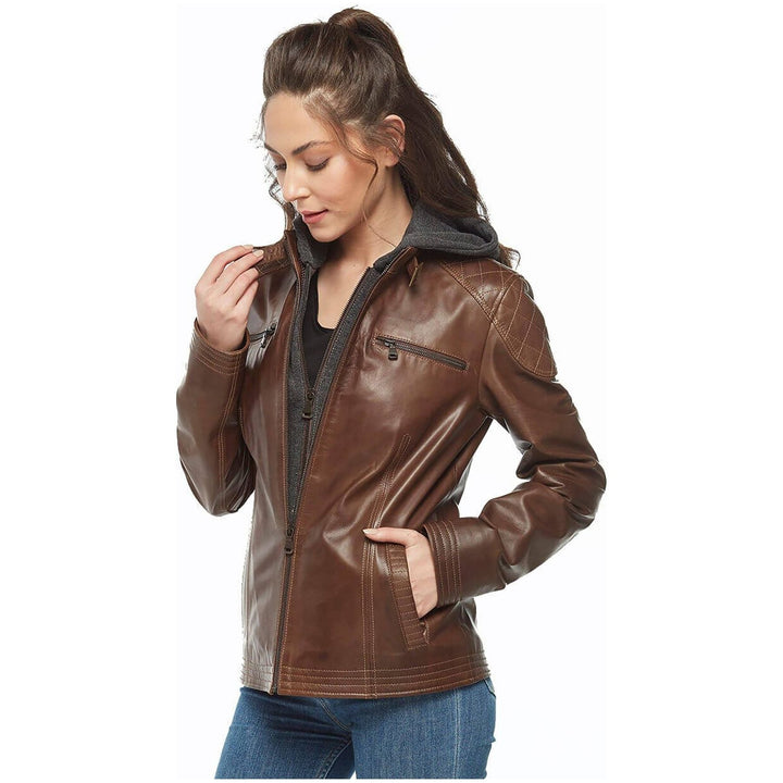 Brown leather jacket with hood
