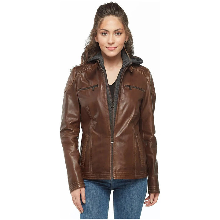 Bliss brown hooded leather jacket
