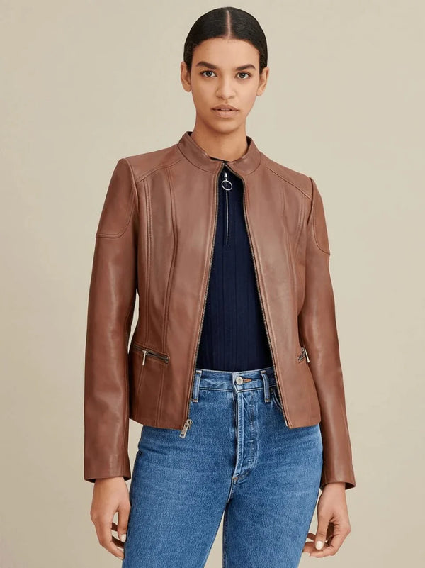 Brown leather biker jacket women
