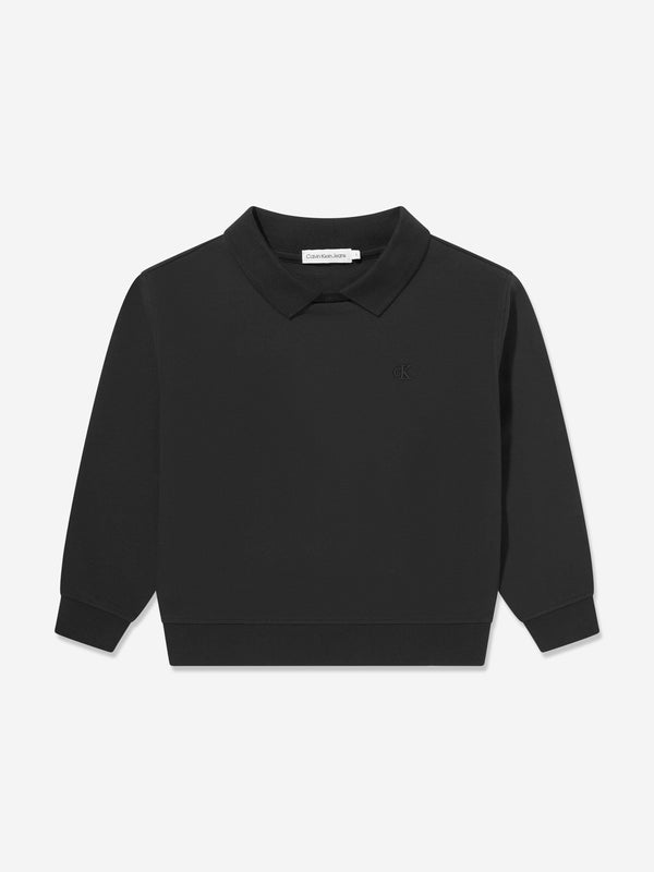 Calvin Klein Boys Polo Collar Monogram Sweatshirt in Black