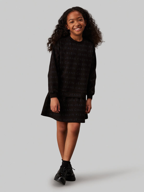 Calvin Klein Girls Logo AOP Fleece Dress in Black