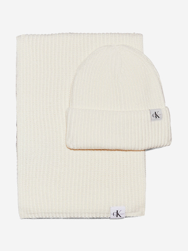 Girls Monogram Rib Scarf and Beanie Set in Ivory