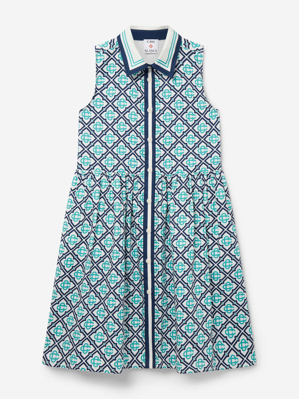 Girls Monogram Sleeveless Shirt Dress in Blue