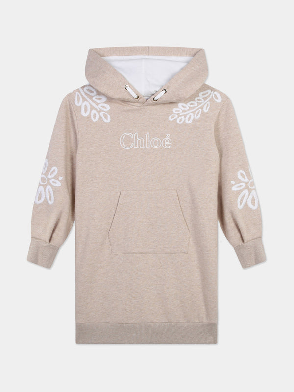 Chloé Girls Embroidered Hooded Sweater Dress in Beige