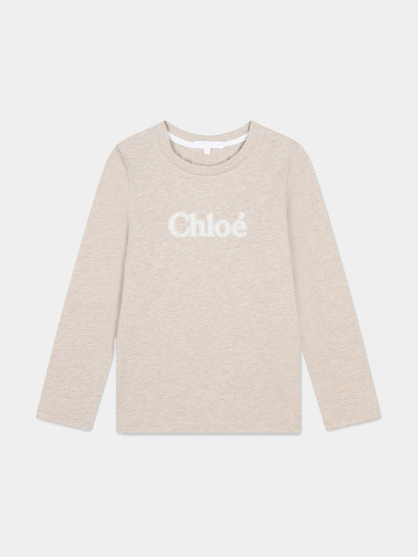 Chloé Girls Long Sleeve Logo T-Shirt in Beige