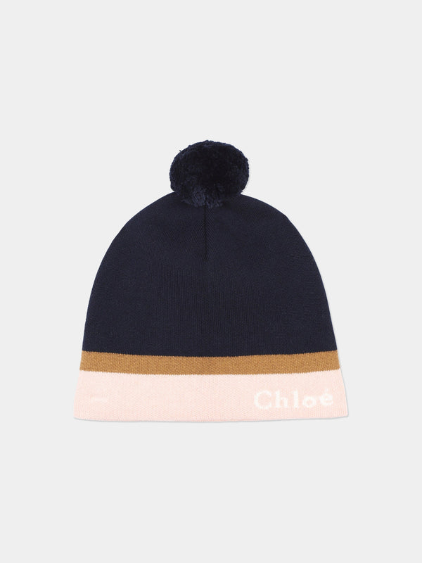 Chloé Girls Knitted Bobble Hat in Navy