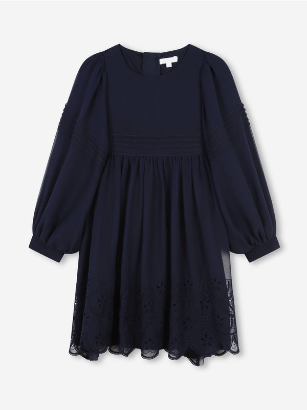 Chloé Girls Silk Embroidered Dress in Navy