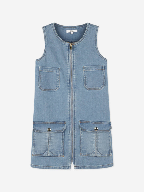 Chloé Girls Sleeveless Denim Zip Dress in Blue