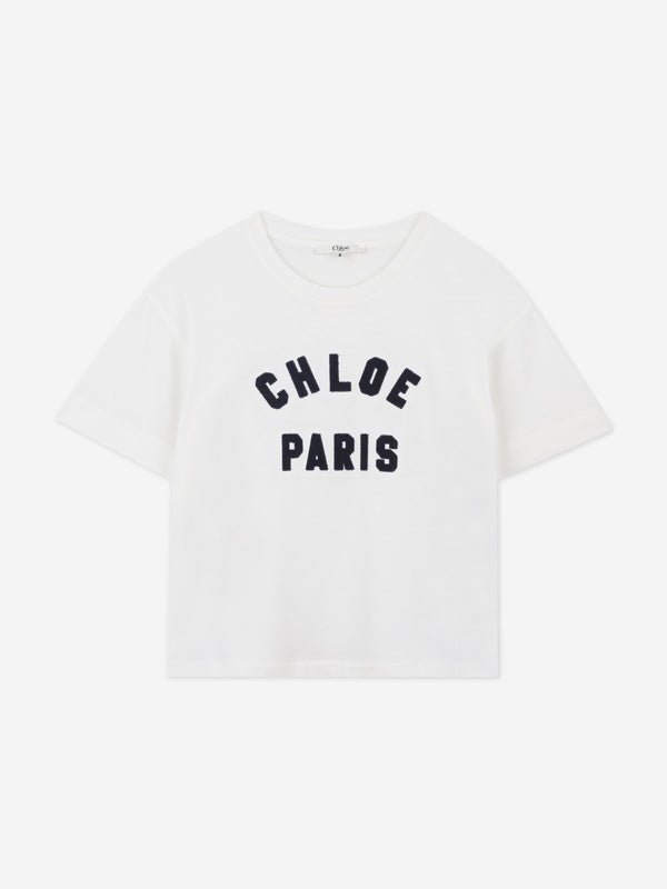 Chloé Girls Embroidered Paris Logo T-Shirt in Ivory