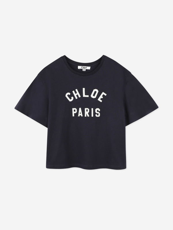 Chloé Girls Embroidered Paris Logo T-Shirt in Navy