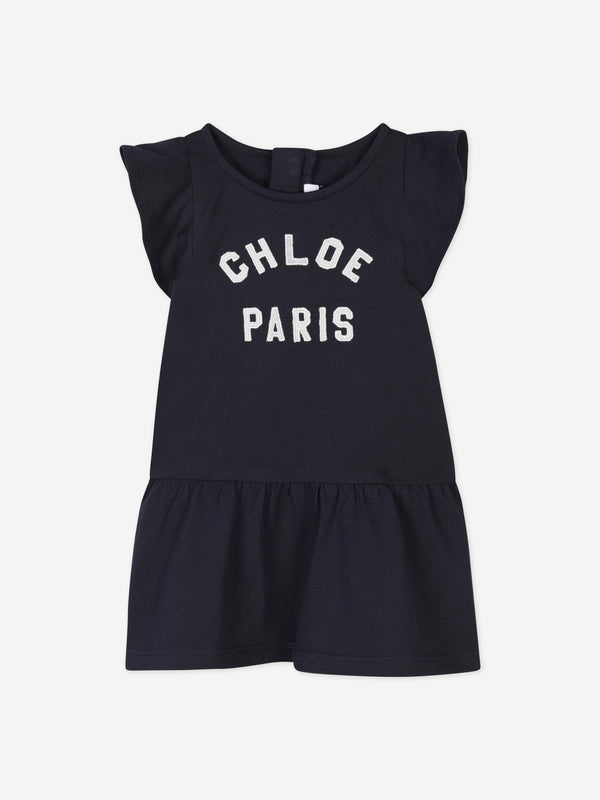 Chloé Baby Girls Paris Logo Jersey Dress in Navy