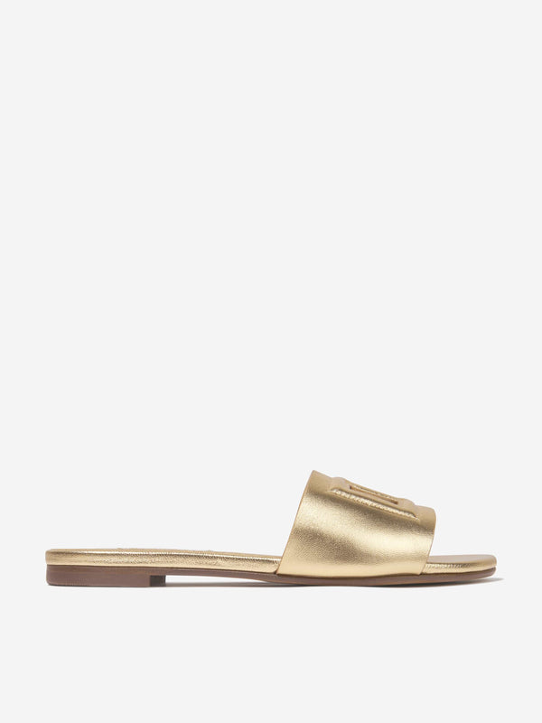 Dolce & Gabbana Girls Leather Logo Slider Sandals In Gold