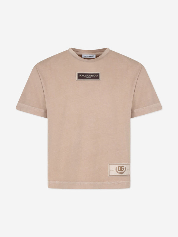 Dolce & Gabbana Boys Logo Label T-Shirt in Beige