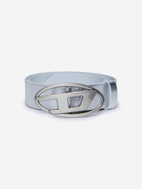 Diesel Kids Leather Oval D Belt in Silver