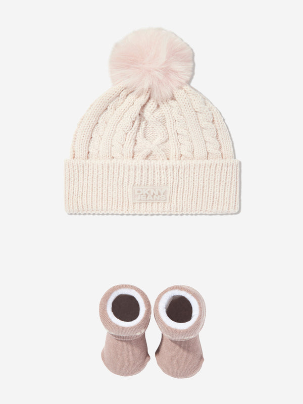 DKNY Baby Pom Pom Knitted Hat and Socks Set in Beige