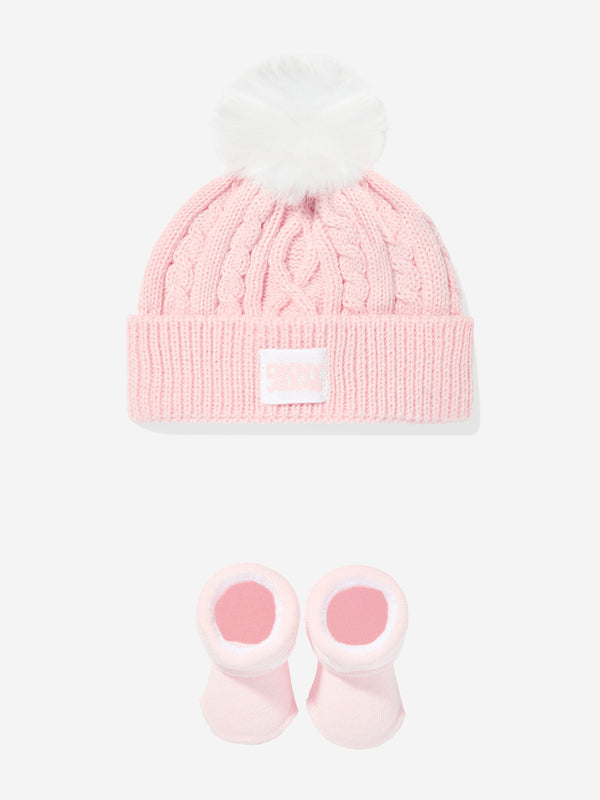 DKNY Baby Girls Pom Pom Knitted Hat and Socks Set in Pink