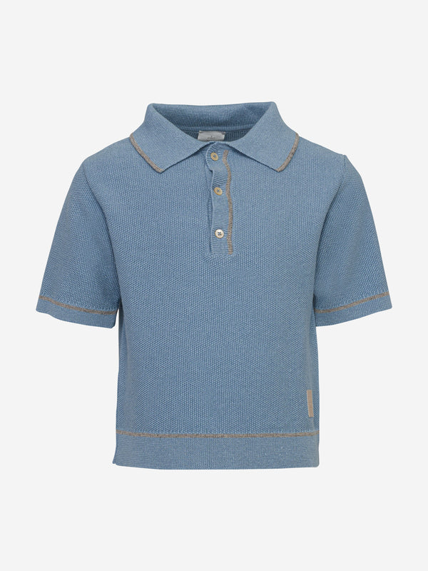 Eleventy Boys Linen Knit Polo Shirt in Blue