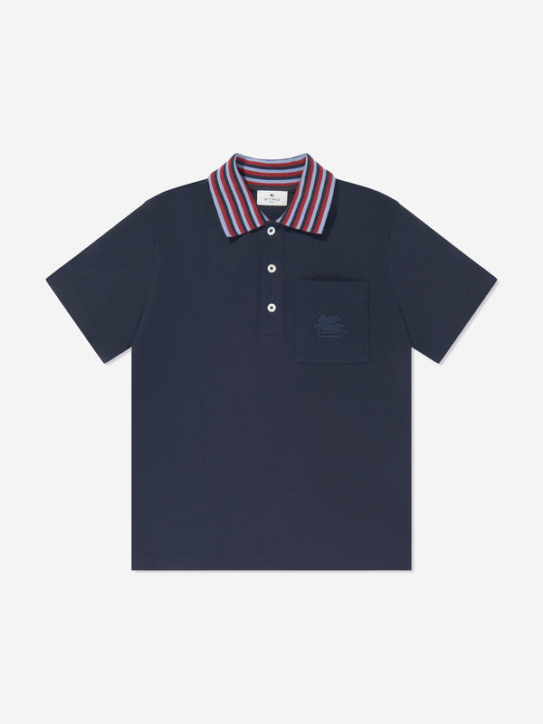 Etro Boys Striped Collar Polo Shirt in Navy